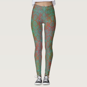 Rustic Orange and Green Damask Boho Style Leggings