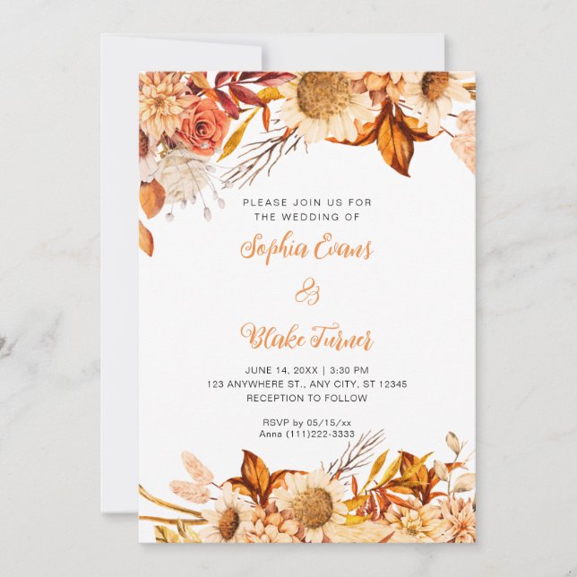 Rustic Orange and White Flowers Boho White Wedding Invitation (Front)
