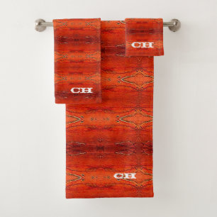 Rustic Orange Aztec Stripes Pattern Monogram Bath Towel Set