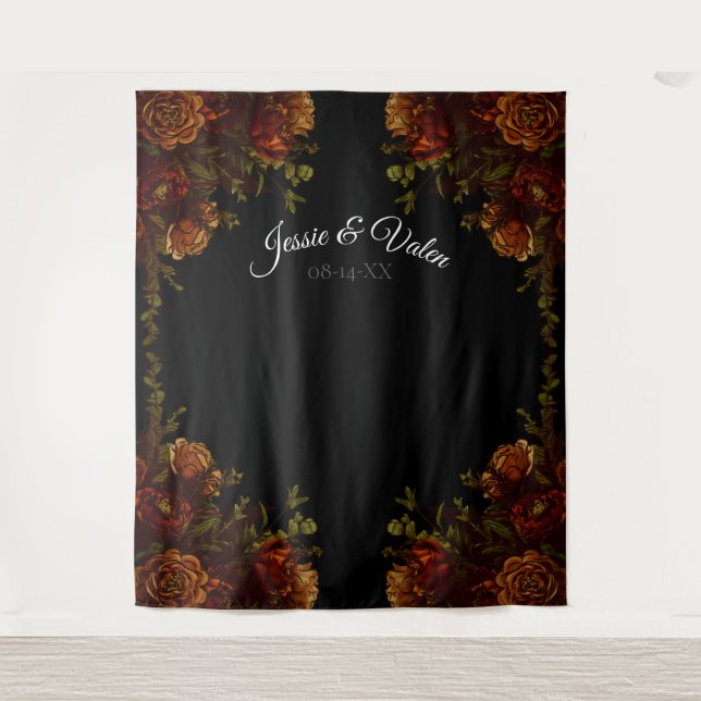 Rustic Orange Black Elegant Wedding Invitation Tapestry (Front)