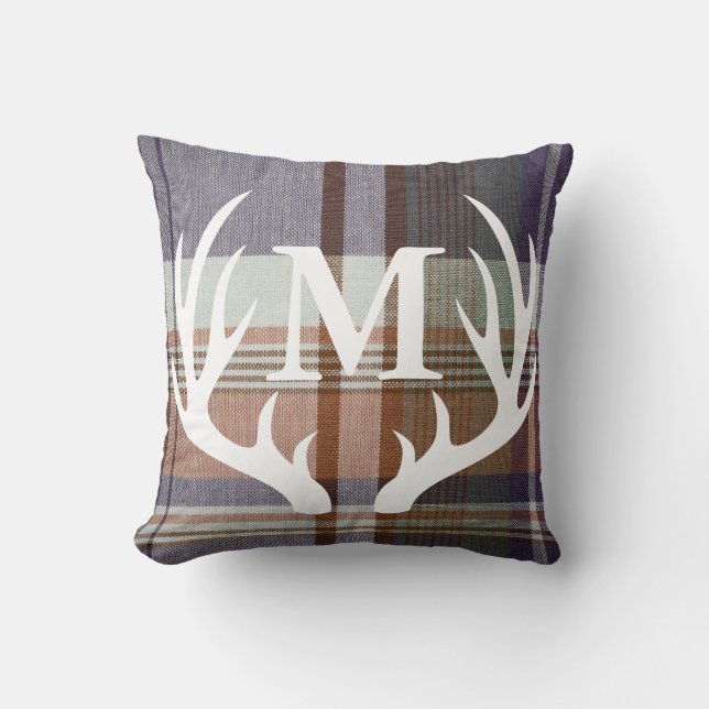 Rustic Orange Blue Plaid White Deer Antler Cushion (Front)