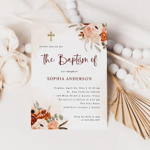 Rustic Orange Boho   Watercolor Baptism Invitation