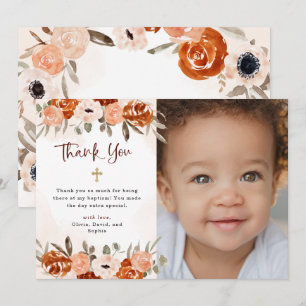 Rustic Orange Boho   Watercolor Baptism Photo Thank You Card