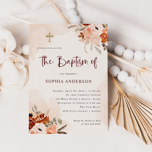 Rustic Orange Boho | Watercolor Blush Baptism Invitation (Creator Uploaded)