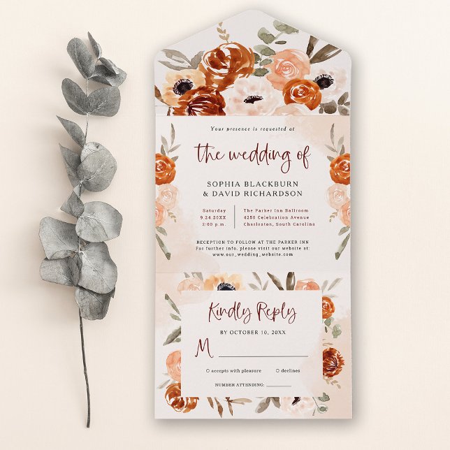 Rustic Orange Boho | Watercolor Blush Wedding All In One Invitation (Creator Uploaded)