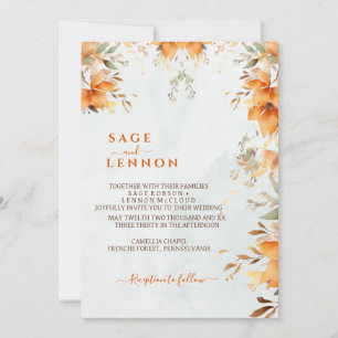 Rustic Orange Boho Watercolor Blush Wedding Invitation