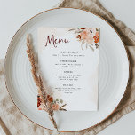 Rustic Orange Boho | Watercolor White Wedding Menu<br><div class="desc">These beautiful and romantic wedding menus feature trendy boho style and elegant burgundy calligraphy. Rustic bohemian bouquets of orange,  peach,  blush,  and taupe flowers and neutral botanical leaves decorate the corners,  with matching subtle watercolor splashes on a white background with soft blush watercolor splashes.</div>