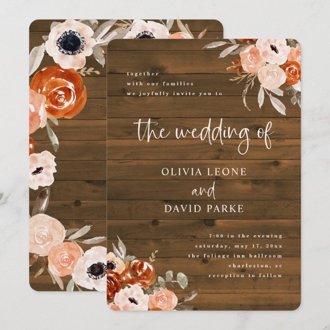 Rustic Orange Boho | Watercolor Wood Look Wedding Invitation (Front/Back)