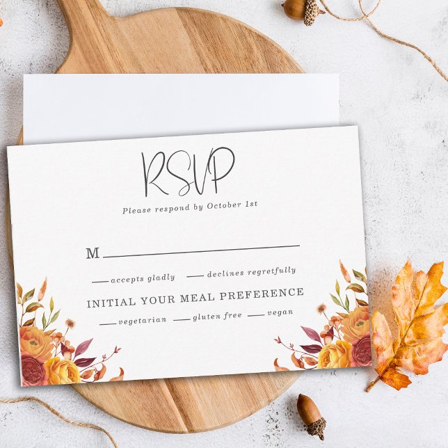 Rustic Orange Brown Gold Autumn Floral Wedding  RSVP Card (Creator Uploaded)