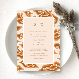 Rustic Orange Brown Waves Monogram Wedding Invitation