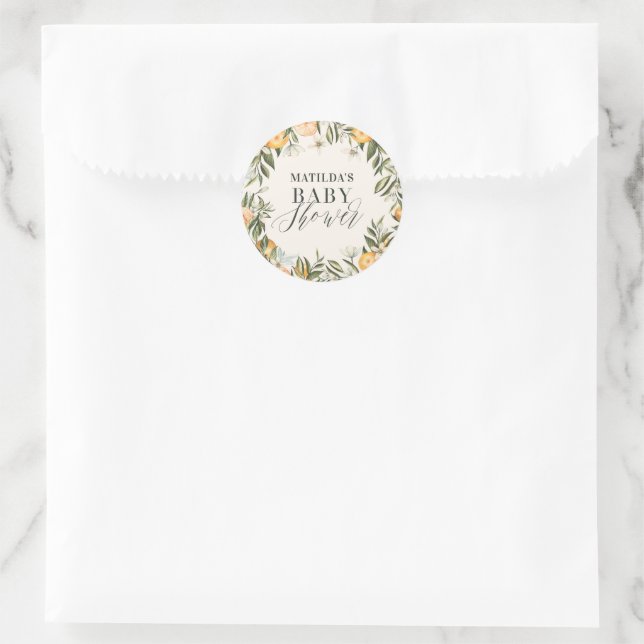 Rustic orange citrus botanical baby shower party classic round sticker (Bag)