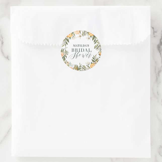 Rustic orange citrus botanical bridal shower party classic round sticker (Bag)