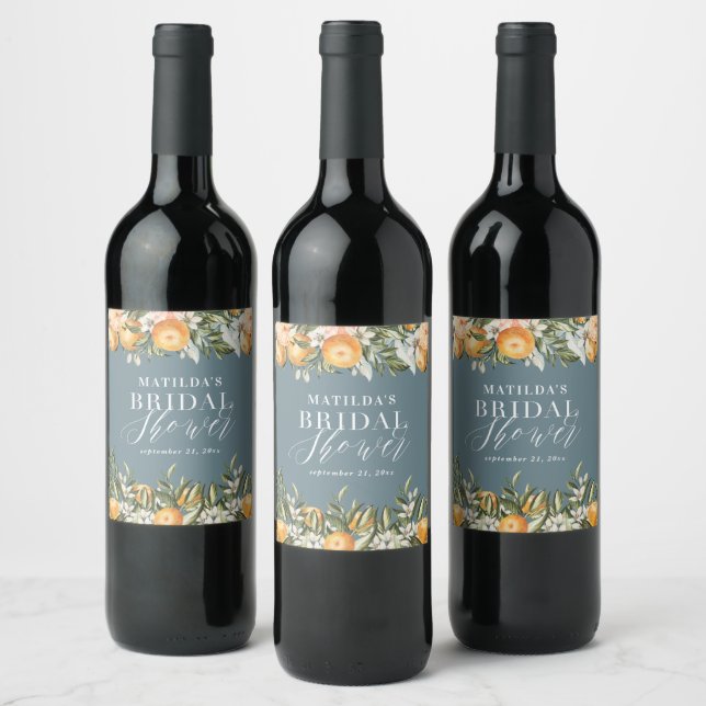 Rustic orange citrus botanical bridal shower party wine label (Bottles)