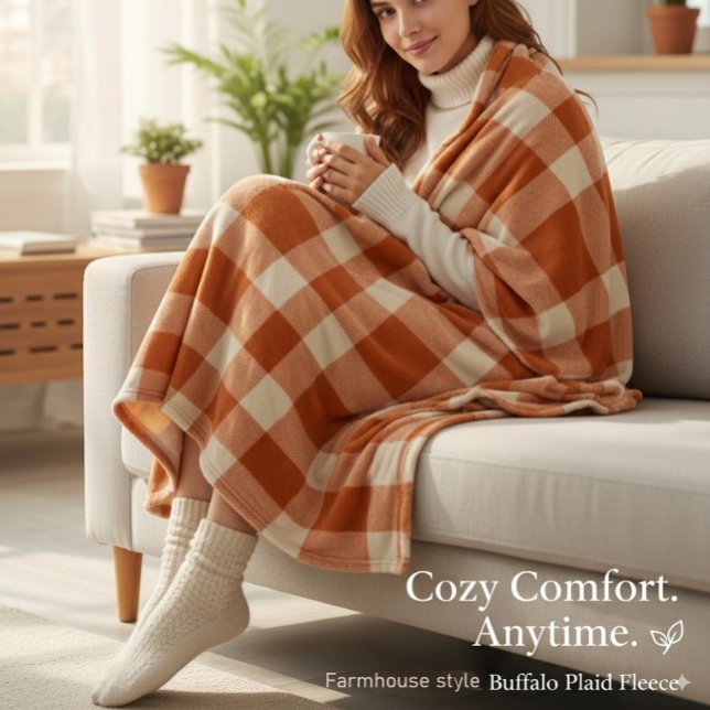 Rustic Orange & Cream Buffalo Plaid Farmhouse Fleece Blanket (Creator Uploaded)