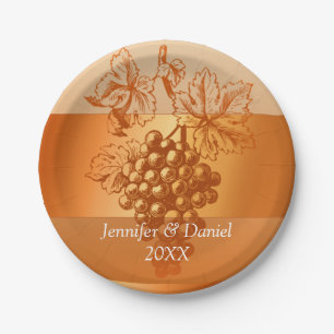 Rustic Orange Custom Wine Label Style Fall Wedding Paper Plate