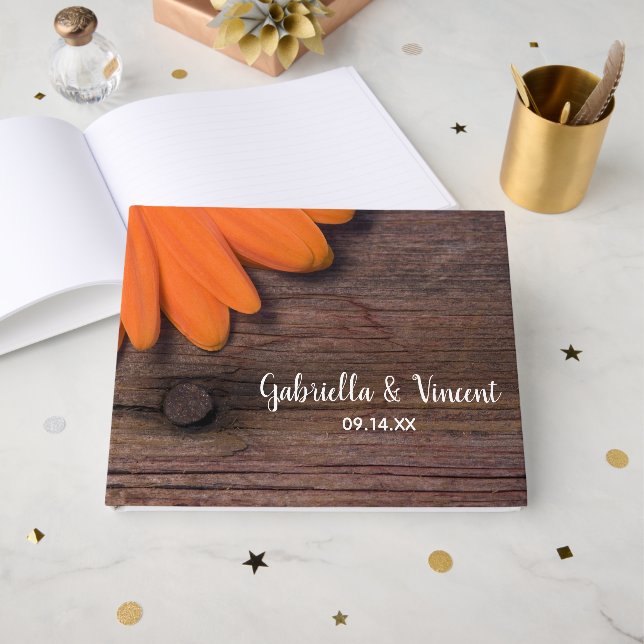 Rustic Orange Daisy and Barn Wood Country Wedding Guest Book (Front Open)