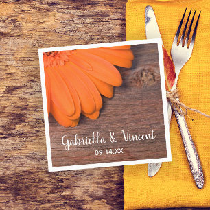 Rustic Orange Daisy and Barn Wood Country Wedding Napkin