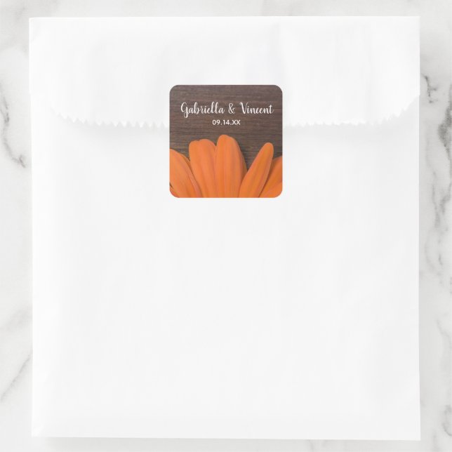 Rustic Orange Daisy and Barn Wood Country Wedding Square Sticker (Bag)