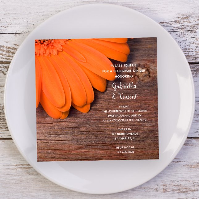 Rustic Orange Daisy and Barn Wood Rehearsal Dinner Invitation (Creator Uploaded)