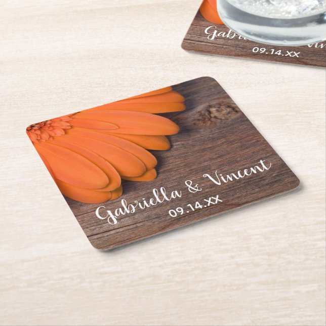 Rustic Orange Daisy Barn Wood Country Wedding Square Paper Coaster (Angled)