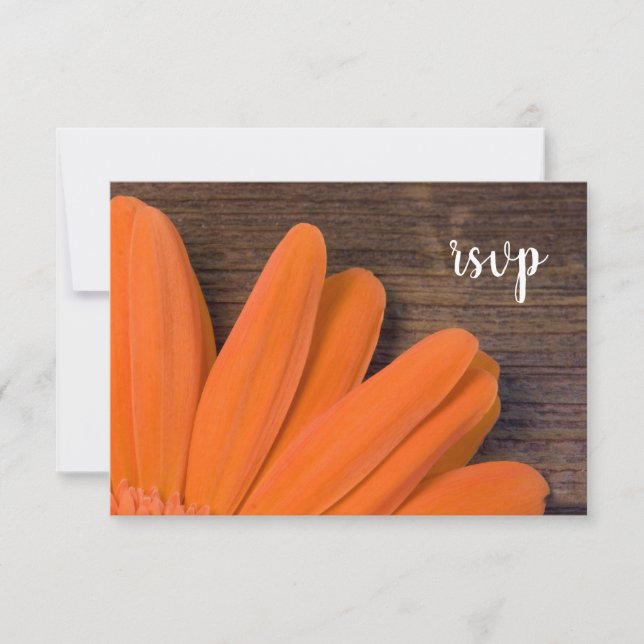 Rustic Orange Daisy Barn Wood Wedding RSVP Card (Front)