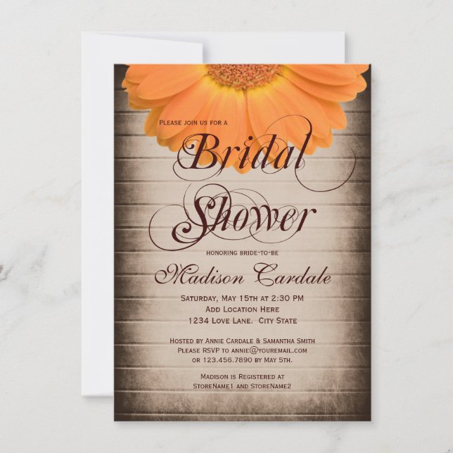 Rustic Orange Daisy Bridal Shower Invitations (Front)