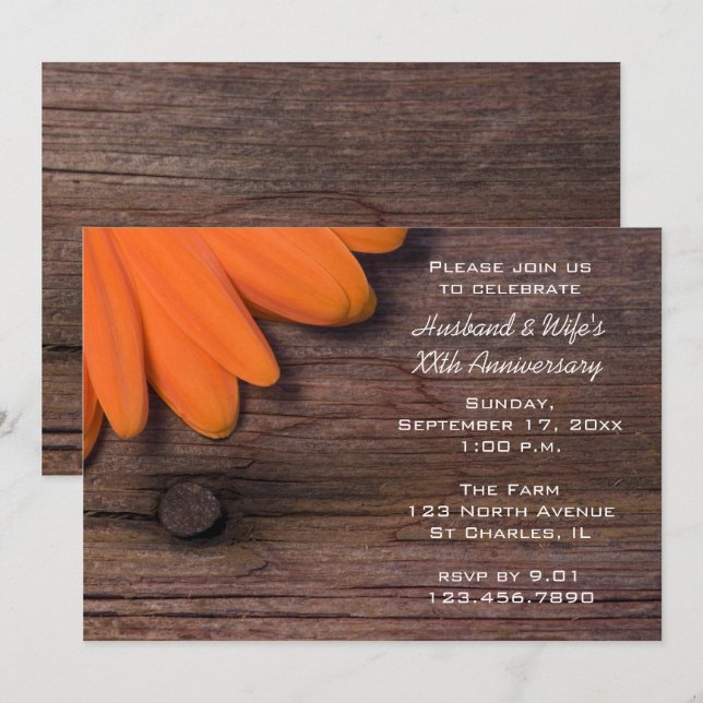 Rustic Orange Daisy Wedding Anniversary Party Invitation (Front/Back)