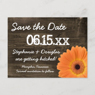 Rustic Orange Daisy Wood Save The Date Postcards