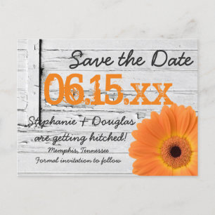 Rustic Orange Daisy Wood Save The Date Postcards