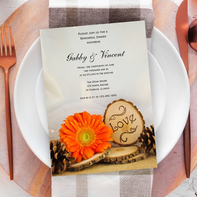 Rustic Orange Daisy Woodland Rehearsal Dinner Invitation (Creator Uploaded)