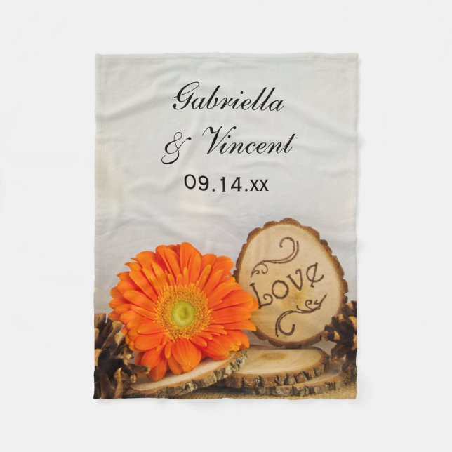 Rustic Orange Daisy Woodland Wedding Fleece Blanket (Front)