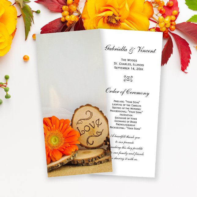 Rustic Orange Daisy Woodland Wedding Program Programme (Creator Uploaded)