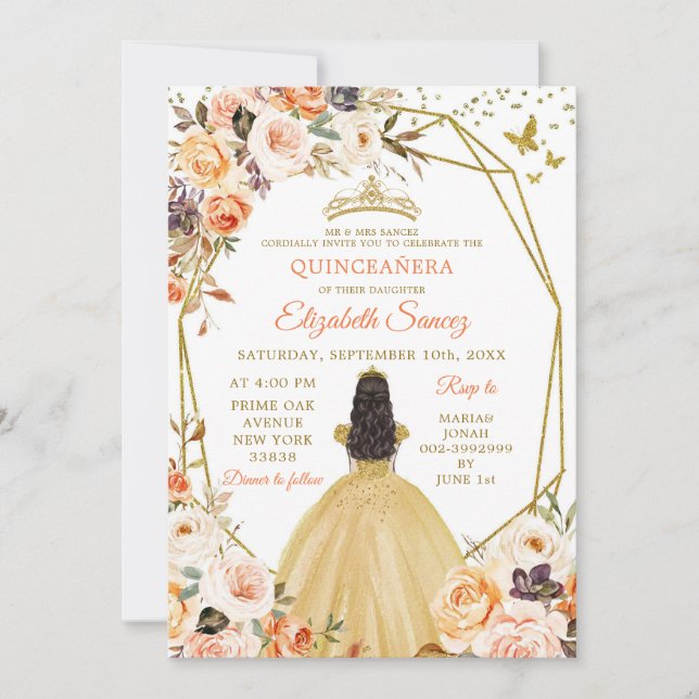 Rustic Orange Fall Princess Quinceañera Invitation (Front)
