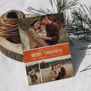 Rustic Orange Farmhouse Christmas 3 Photo Collage Holiday Card
