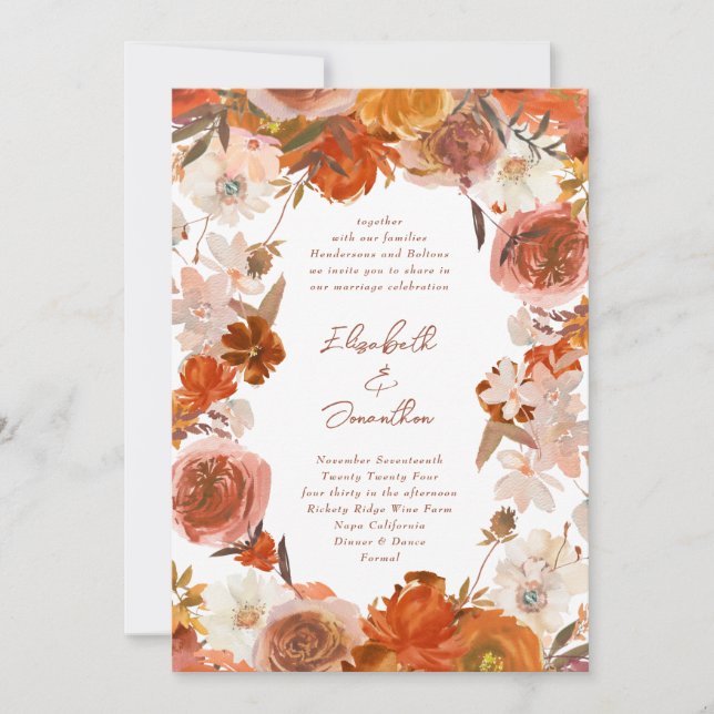 Rustic Orange Floral Boho Frame Bouquet Wedding Invitation (Front)