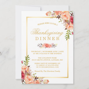 Rustic Orange Floral Chic Gold Thanksgiving Dinner Invitation