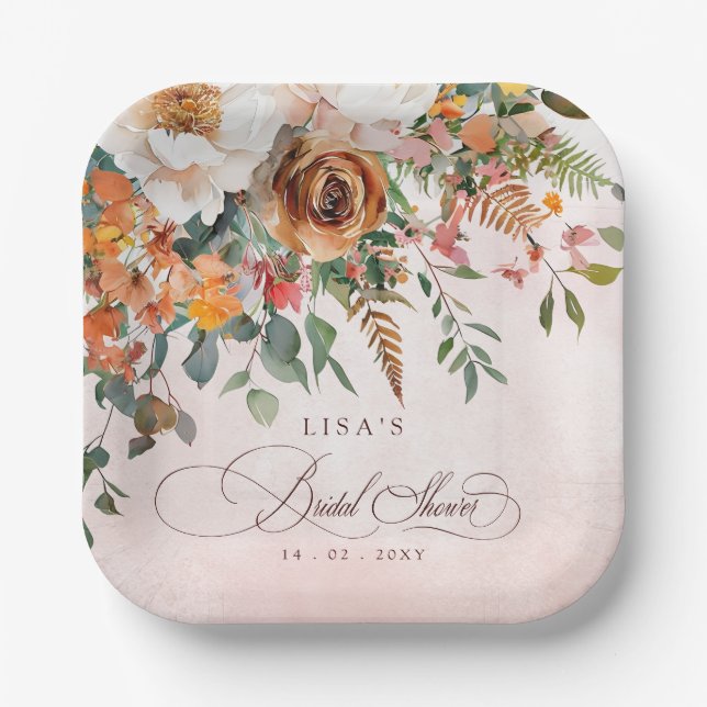 Rustic Orange Floral Fall Bridal Shower  Paper Plate (Front)