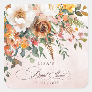 Rustic Orange Floral Fall Bridal Shower Square Sticker