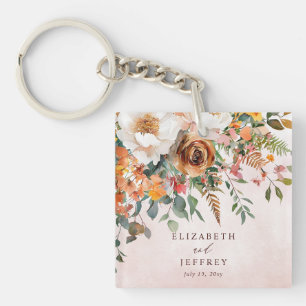 Rustic Orange Floral Fall Wedding Key Ring