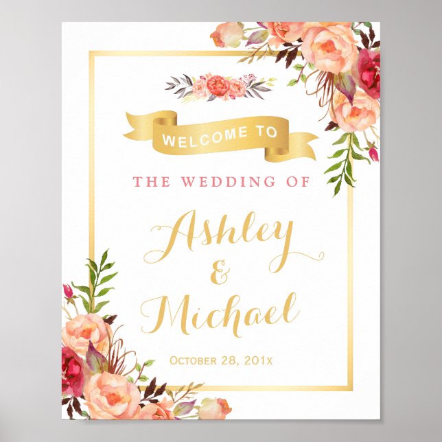 Rustic Orange Floral Fall Wedding Reception Sign (Front)