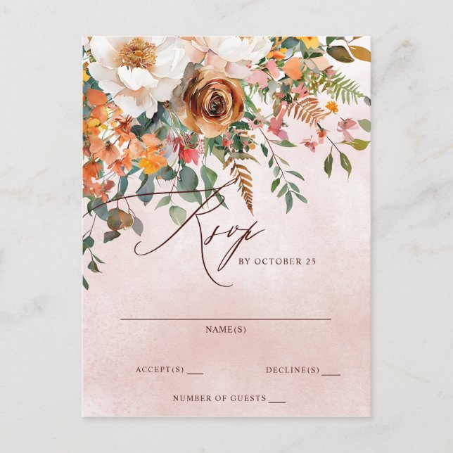 Rustic Orange Floral Fall Wedding RSVP Postcard (Front)