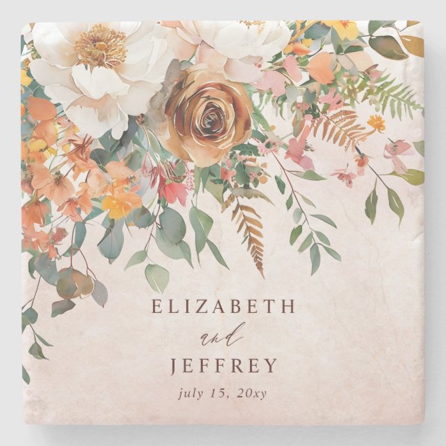 Rustic Orange Floral Fall Wedding Stone Coaster (Front)