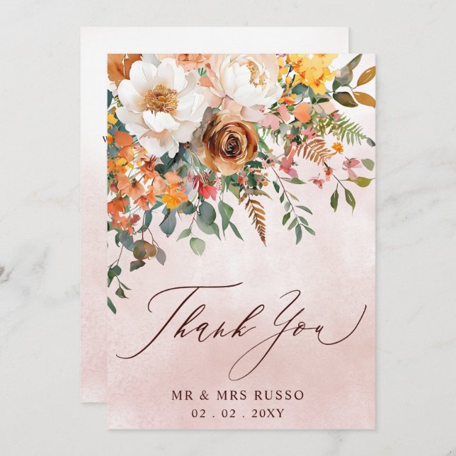 Rustic Orange Floral Fall Wedding  Thank You Card (Front/Back)
