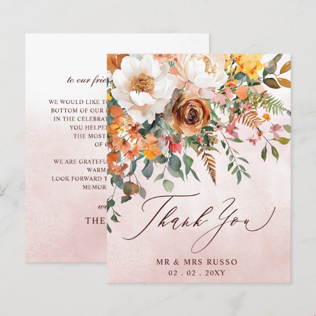 Rustic Orange Floral Fall Wedding Thank You Card (Front/Back)
