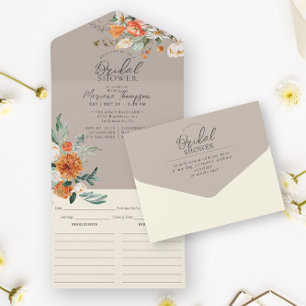 Rustic Orange Floral Taupe Bridal Shower & Recipe  All In One Invitation