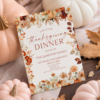 Rustic Orange Floral Thanksgiving Family Dinner  Invitation