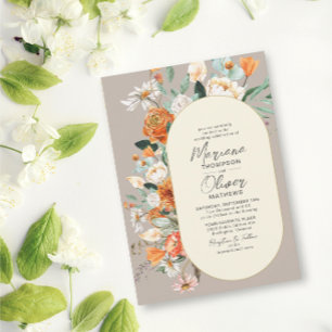Rustic Orange Florals Double Arch Taupe Wedding Invitation