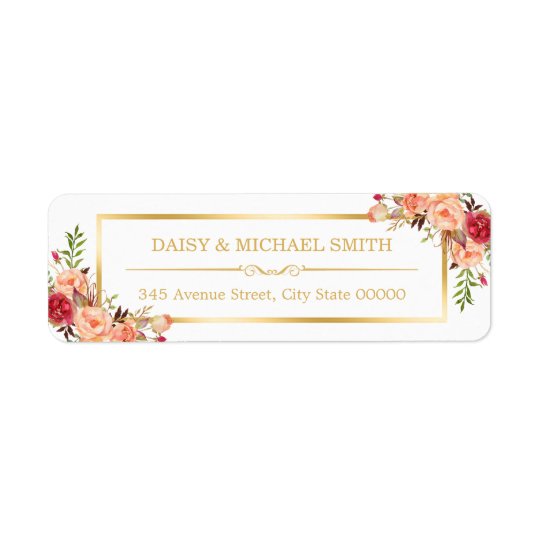 Rustic Orange Flowers Chic White Gold Frame Return Address Label