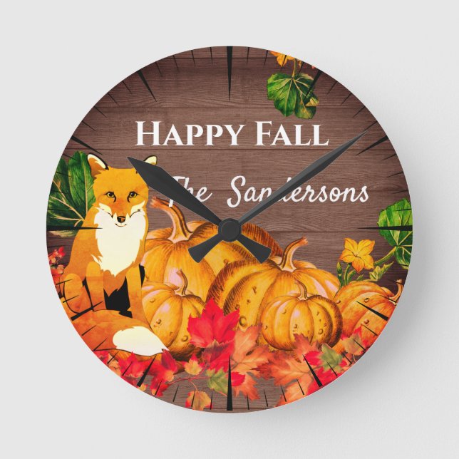 Rustic Orange Fox Pumpkin Fall Autumn Leaves  Choc Round Clock (Front)