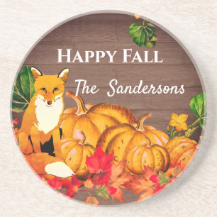 Rustic Orange Fox Pumpkin Fall Autumn Leaves Coaster